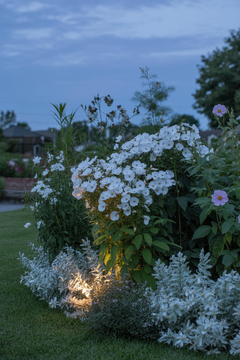 White and silver moonlight cottage garden border at dusk with phlox, cosmos, roses, and silver stachys