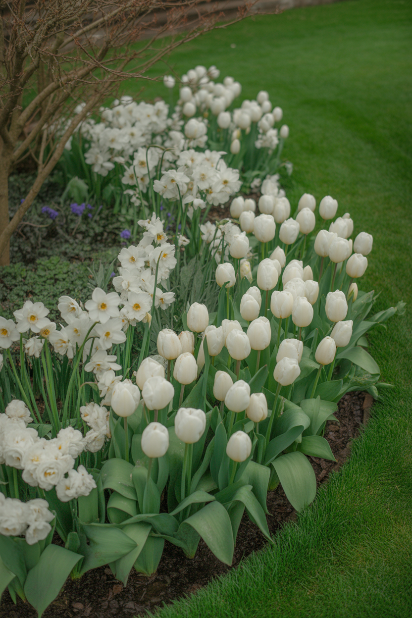 White tulip and narcissus spring bulb display in a classic cottage garden border