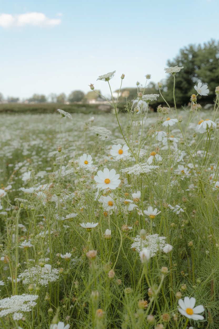 White wildflower cottage-core meadow with cosmos and chamomiles in a natural garden setting