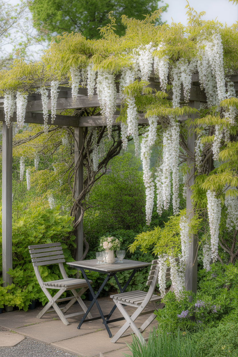 White wisteria cascading over a garden pergola with seating below in a romantic cottage setting