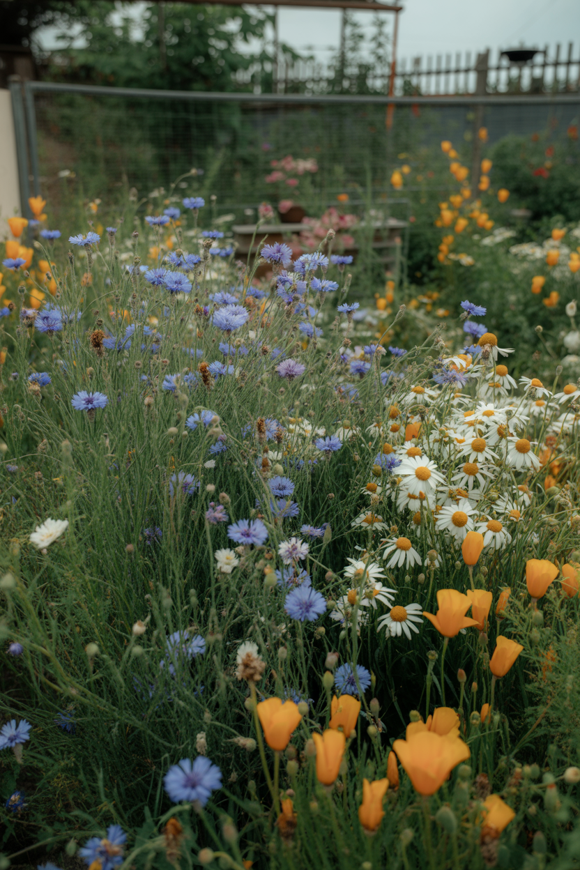 Wildflower meadow patch with cornflowers, poppies and ox-eye daisies in a cottage garden corner