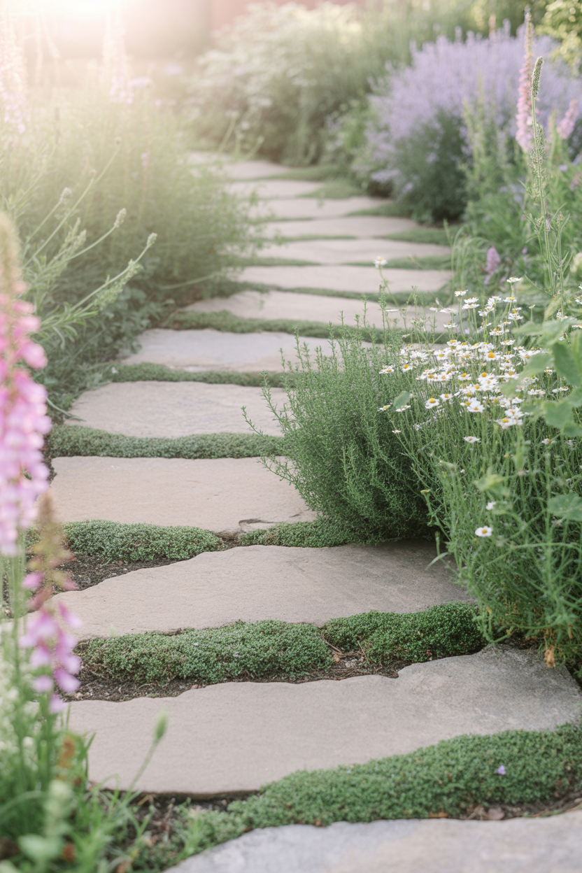 Winding reclaimed stone path through a lush cottage garden with lavender borders