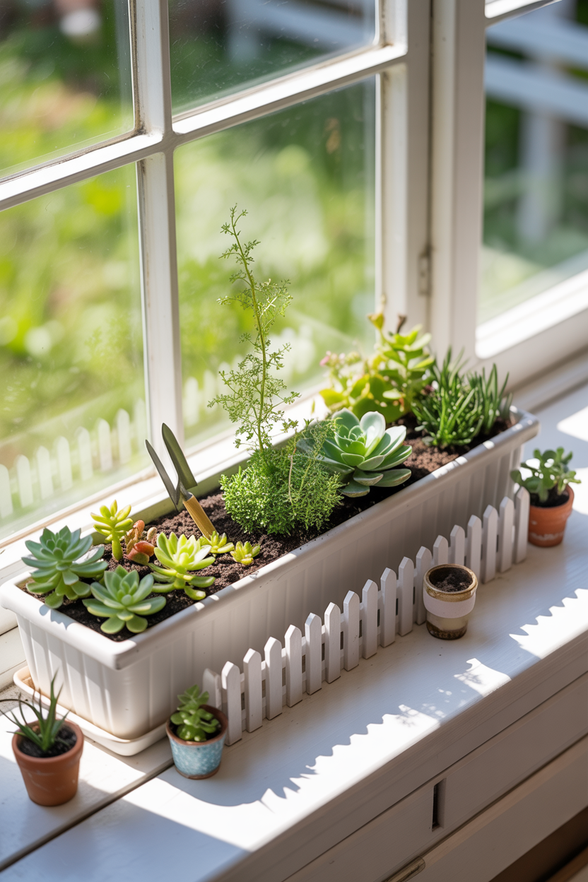 Rectangular window box fairy garden with succulents and miniature gardening décor on a bright windowsill