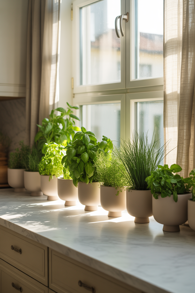 Matching white ceramic pots with fresh herbs on a sunny kitchen windowsill
