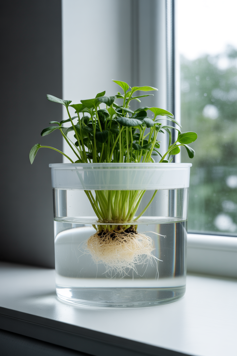 Simple hydroponic plants growing on a bright windowsill with natural light