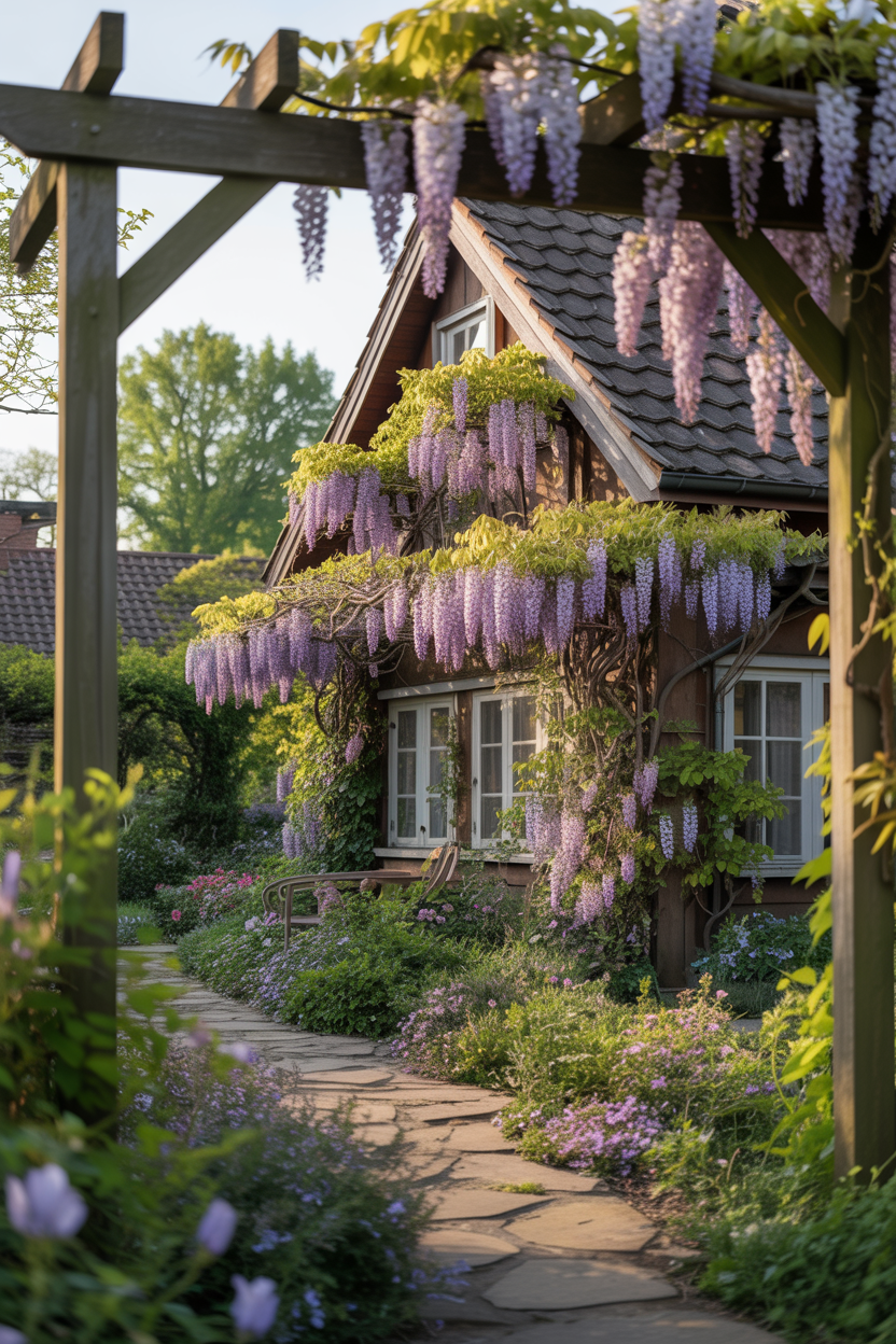 Cascading purple wisteria flowers in a dreamy fairytale cottage garden