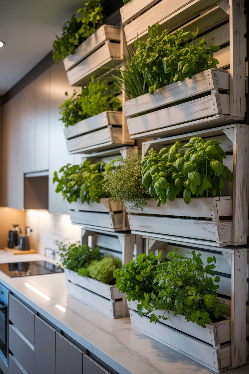 White-washed wooden crate wall planters with fresh herbs in a modern kitchen