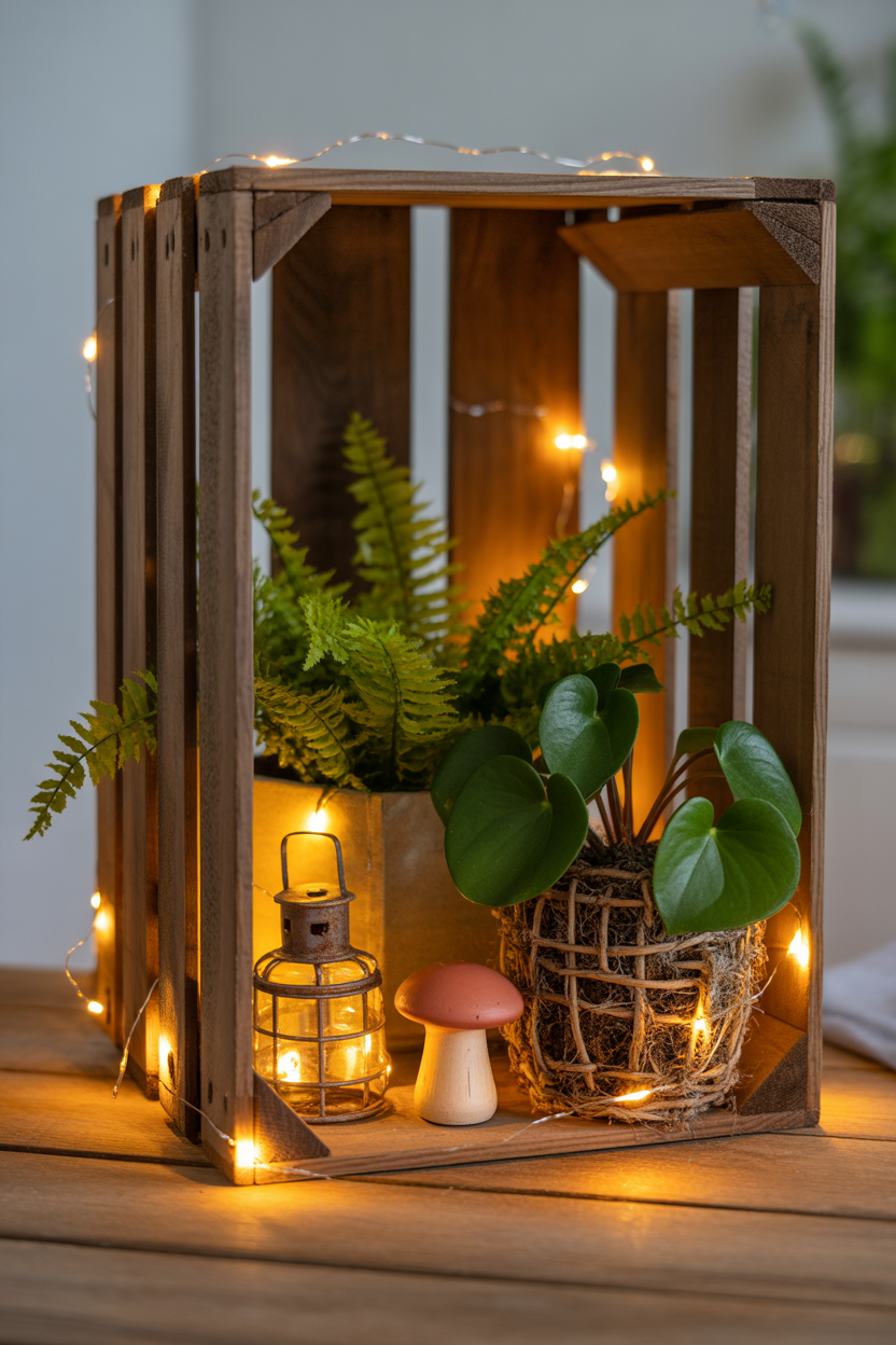 A wooden wine crate lined with baby ferns and fairy lights styled as a rustic indoor fairy garden with miniature accessories