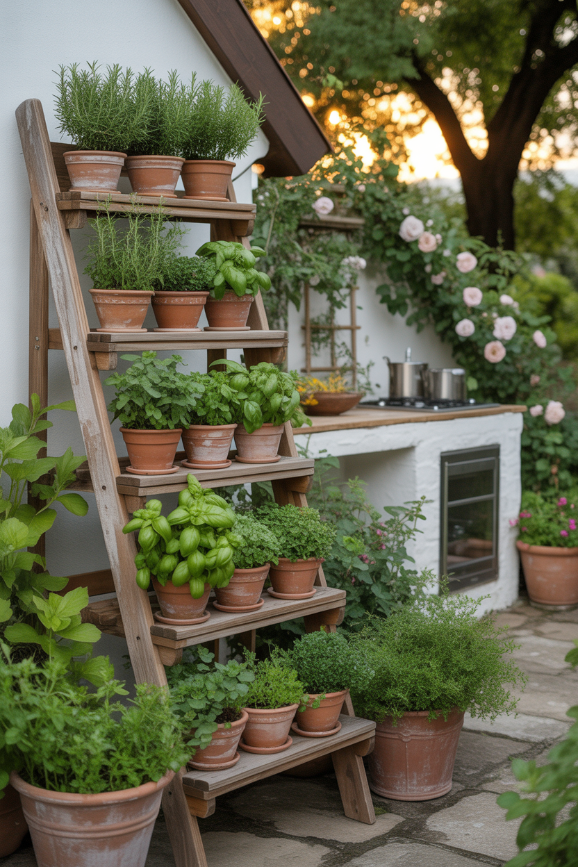 Rustic wooden ladder shelf herb garden leaning against garden wall with terracotta pots on each rung