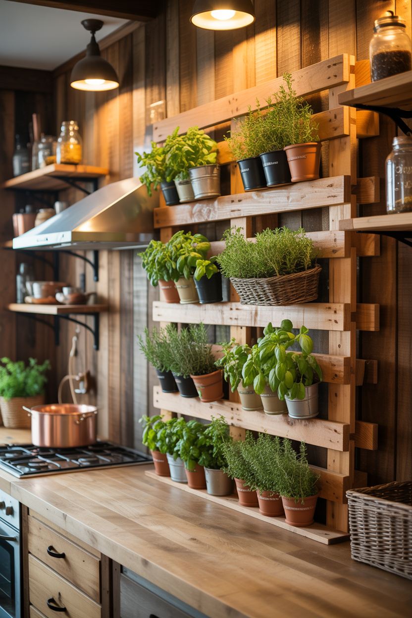 A mounted wooden pallet herb wall with fresh herbs in a rustic kitchen