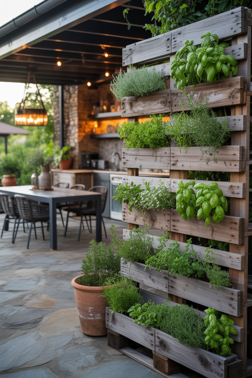 Upcycled wooden pallet standing vertically as a herb garden with basil, parsley, and oregano growing from each slat