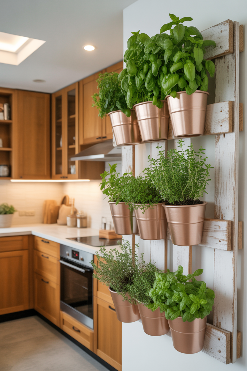 Upcycled wooden pallet vertical herb wall garden mounted in kitchen with multiple herb varieties