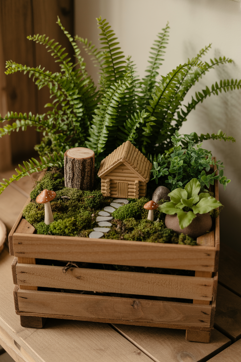 Rustic woodland fairy garden in wooden crate with ferns and miniature cottage