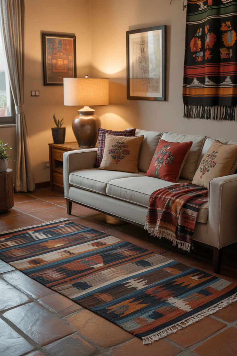 Zapotec geometric rug and colorful serape throw in a cozy Mexican-inspired living room with embroidered cushions and folk art
