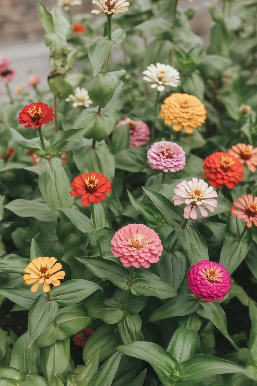Zinnias thriving in a bright, full sun summer garden bed