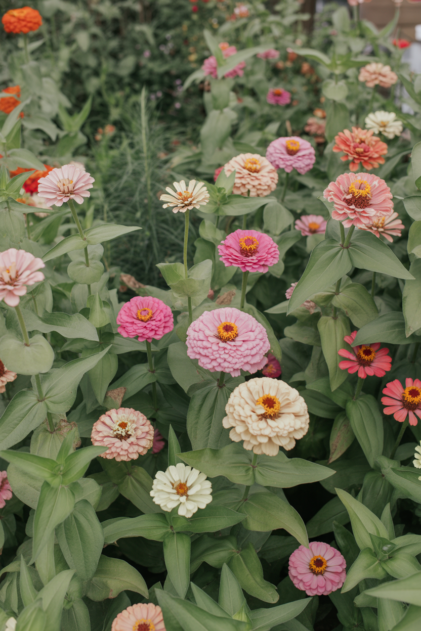 Blush pink and cream heirloom zinnia flowers blooming in a cottage garden cutting border in summer.