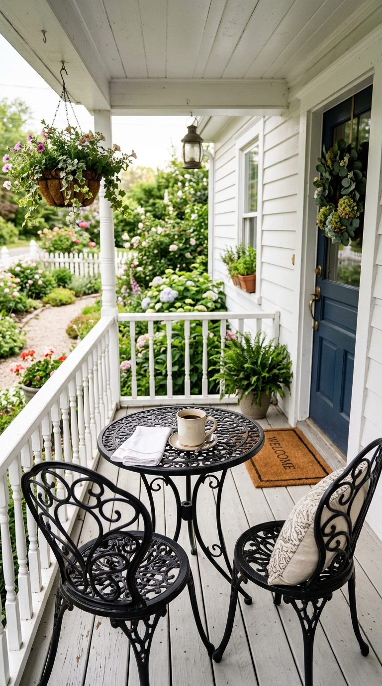 Black wrought iron bistro table and chairs styled on a small farmhouse porch