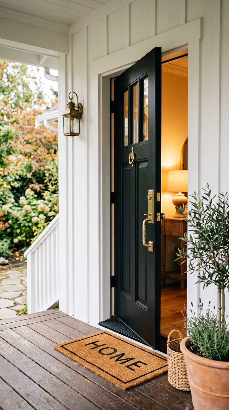 Matte black front door with brass hardware on a white farmhouse porch