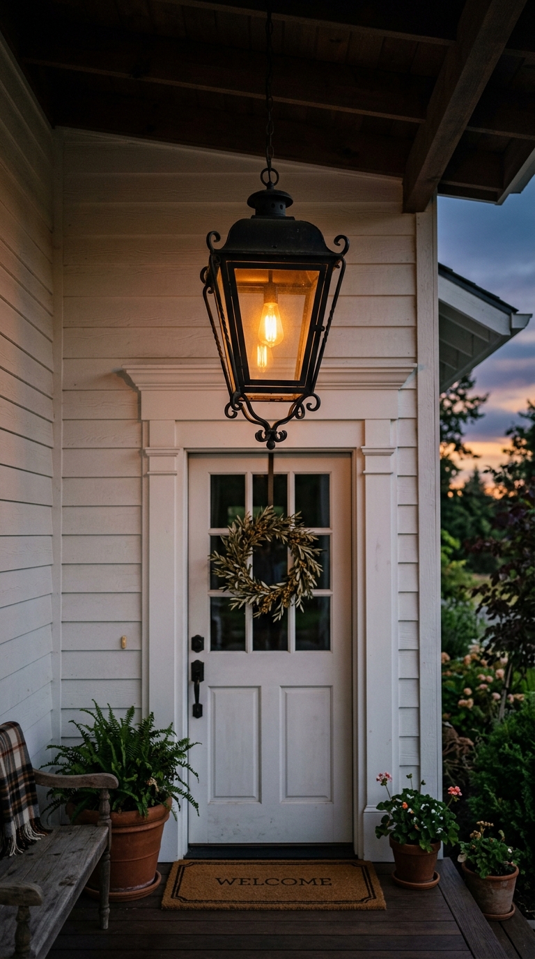 Oversized black lantern light fixture above a farmhouse front porch entry at dusk