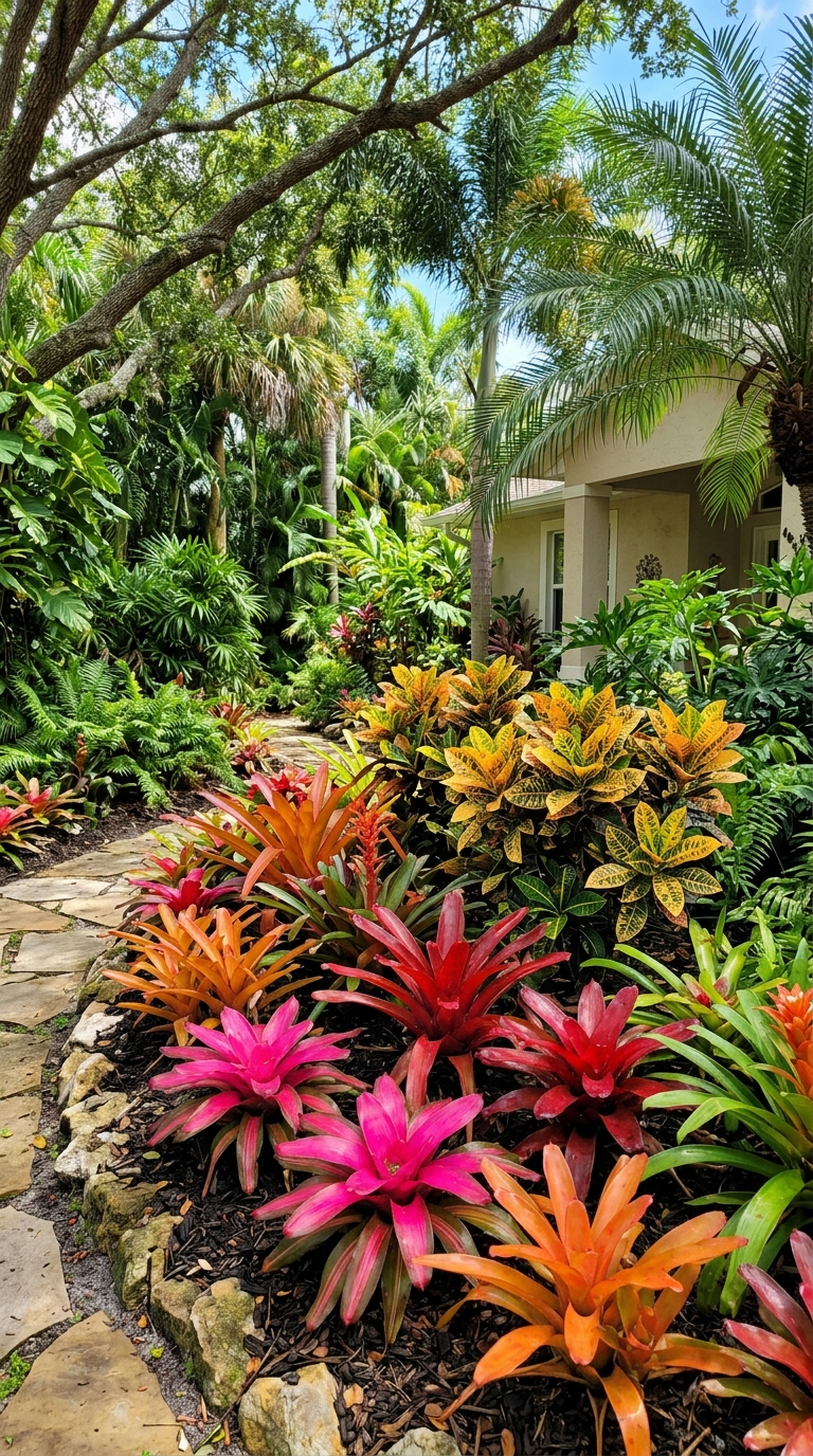 Colorful bromeliad and croton tropical display in a Florida front yard with hot pink, red, and orange plants