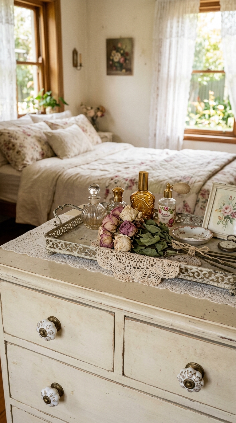 Chalk-painted cream vintage dresser with ceramic knobs and styled top surface in a shabby chic bedroom used for clothing and linen storage