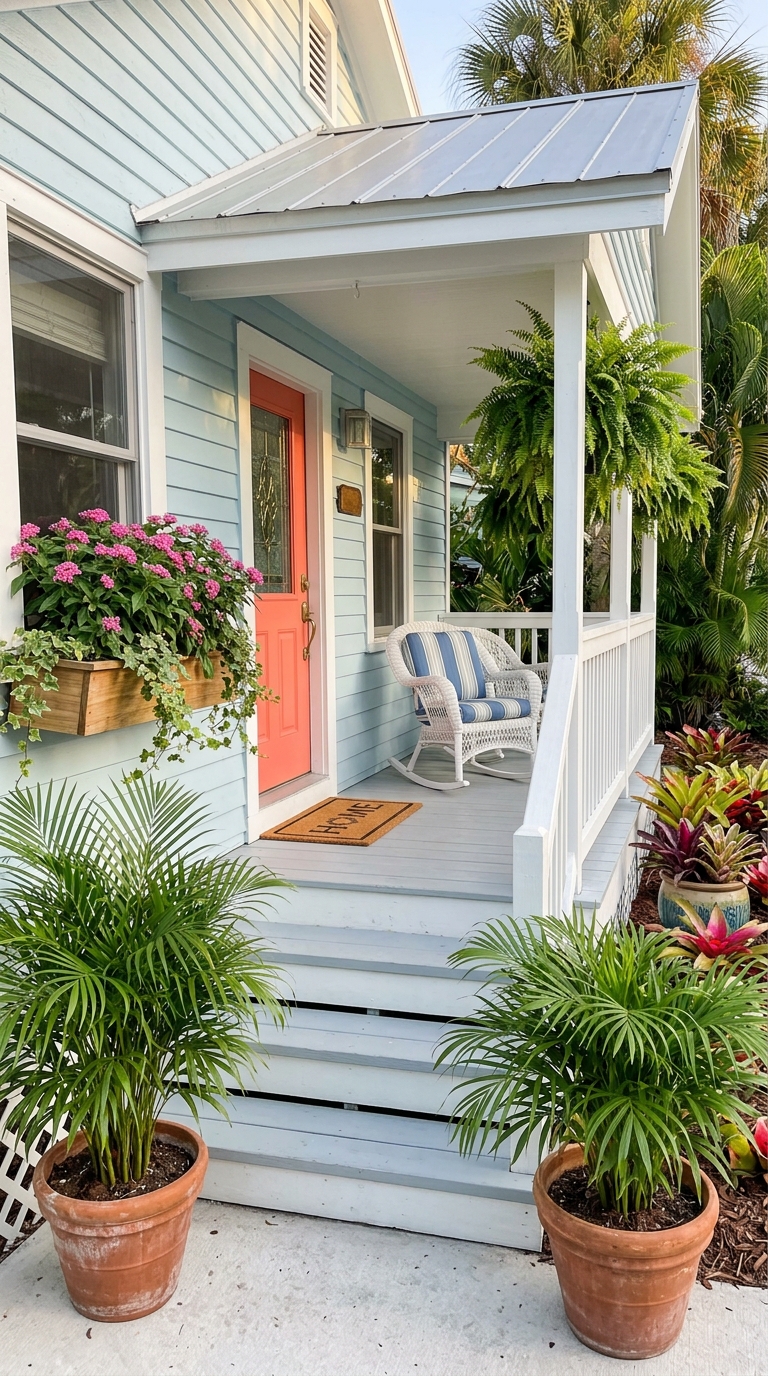 Florida cottage front porch landscaping with tropical palms, hanging ferns, pentas, window boxes, and bromeliads