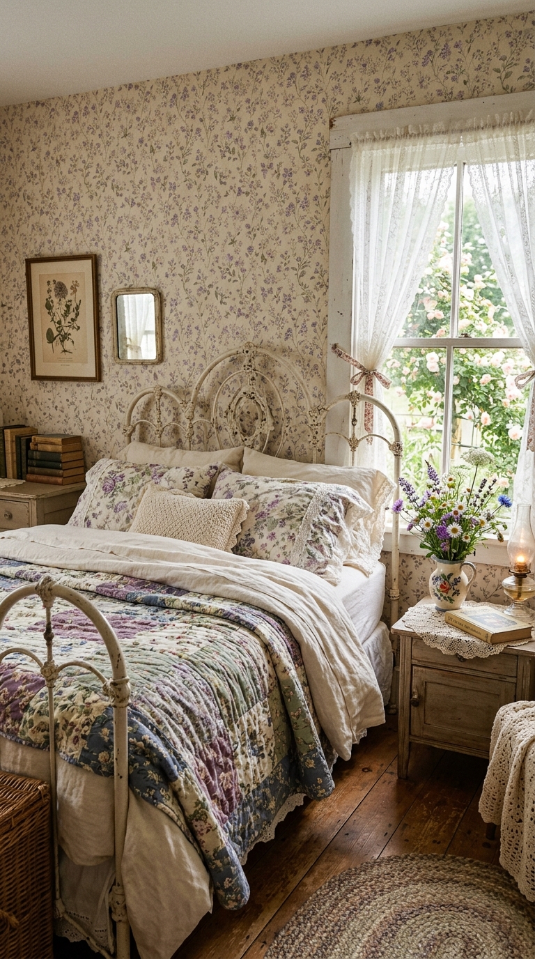 Cottagecore purple bedroom with floral prints, vintage iron bed frame, and lace curtains