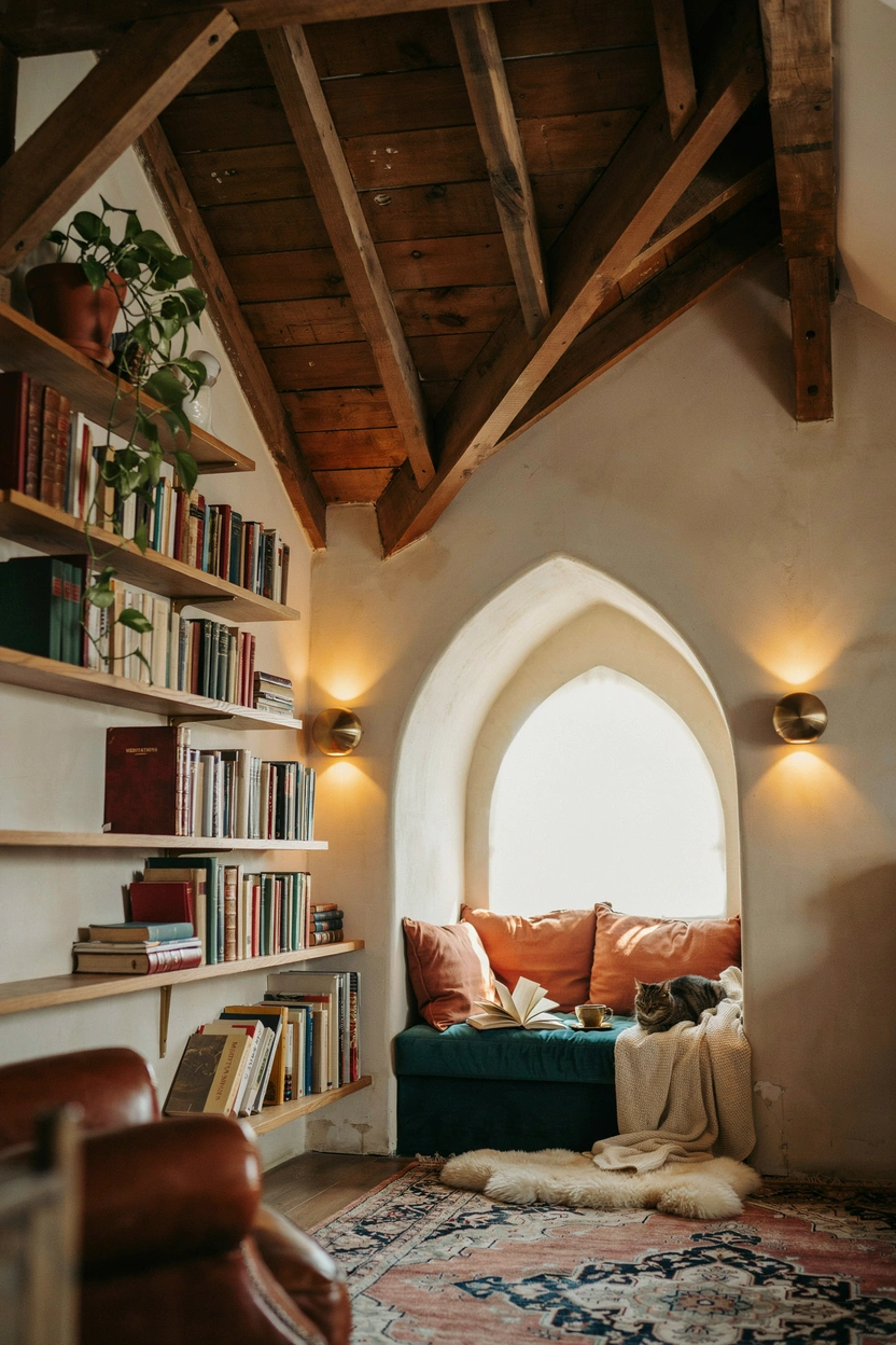 Cozy attic reading nook under sloped ceiling with velvet cushion and floating bookshelves