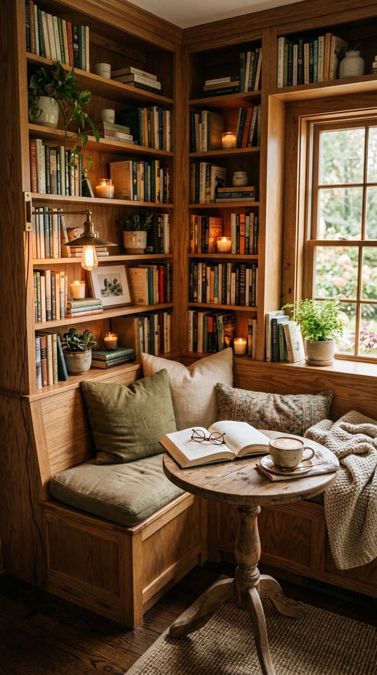 Breakfast and reading nook hybrid with built-in bookshelves, bench seating and a cozy book-and-coffee setup