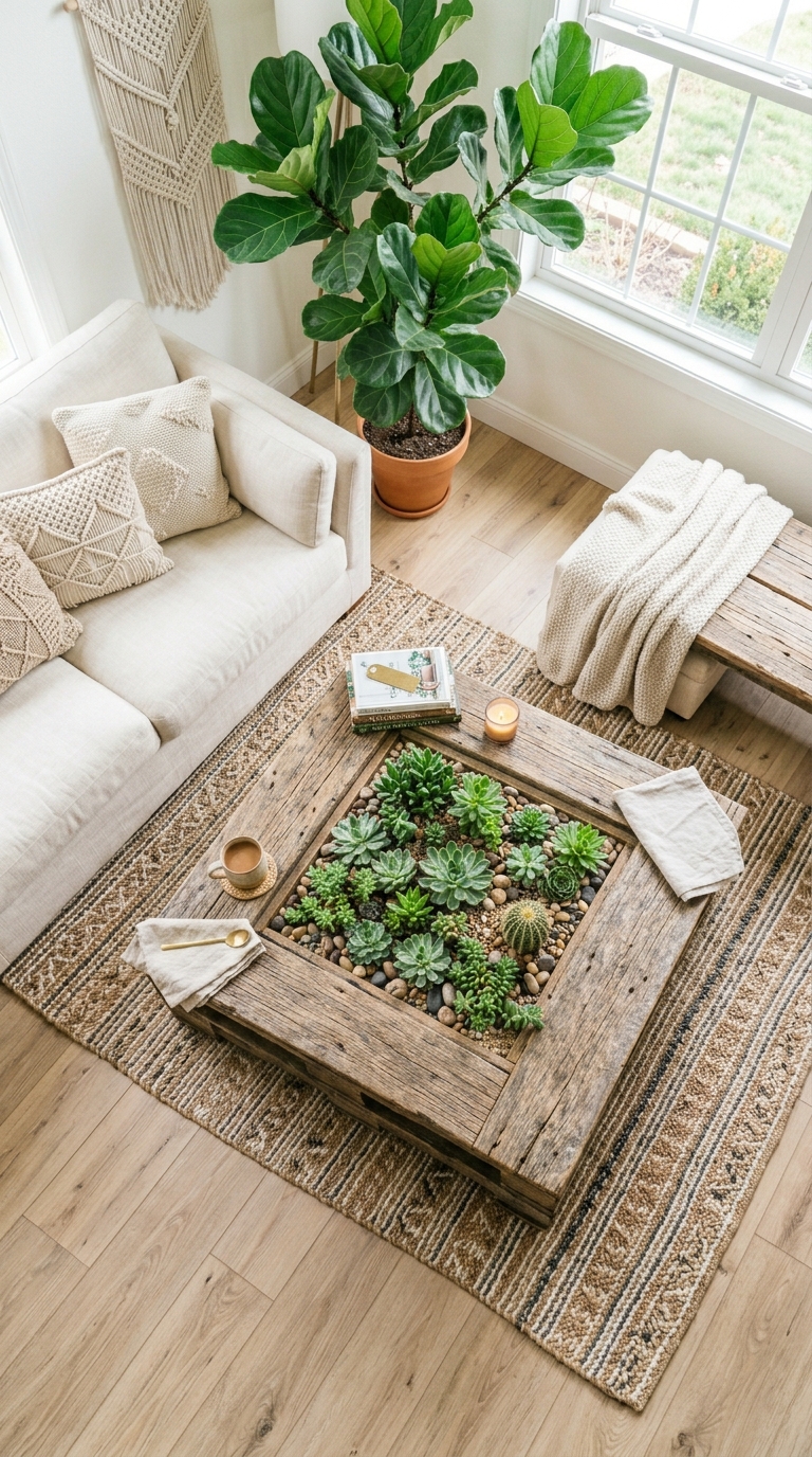 DIY pallet coffee table with built-in succulent garden centerpiece, featuring mixed succulents and pebbles in a boho living room