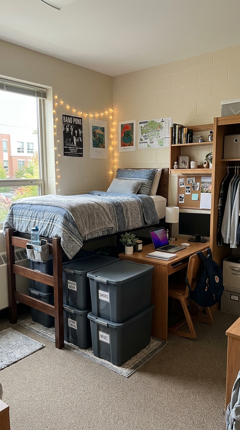 Organized dorm room using under-bed storage bins