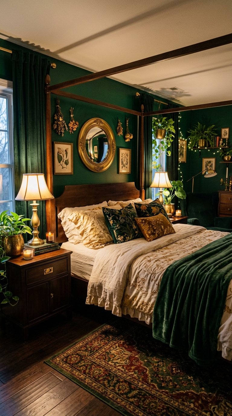 Emerald green romantic bedroom with brass accents, dark wood furniture, and lush trailing plants