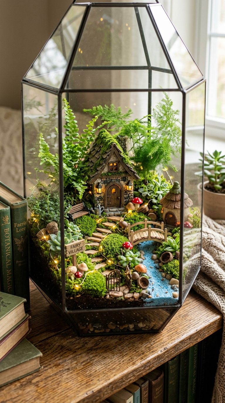 Whimsical fairy garden terrarium with tiny fairy houses and moss