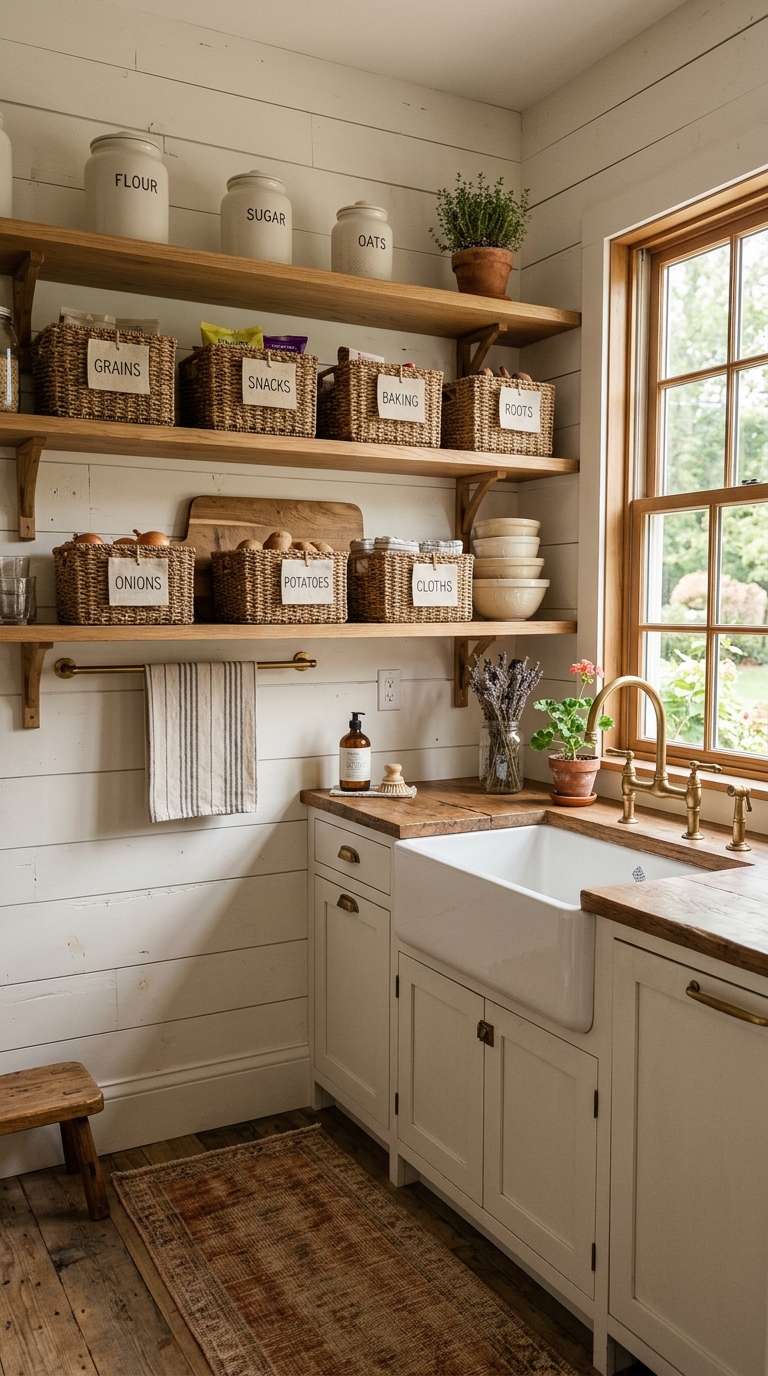 Farmhouse butler's pantry with shiplap walls, wooden open shelves, labeled baskets, and farmhouse sink