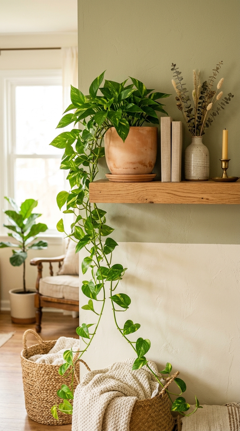 Living room shelf with trailing pothos plant in terracotta pot cascading over shelf edge, warm natural light and sage green tones