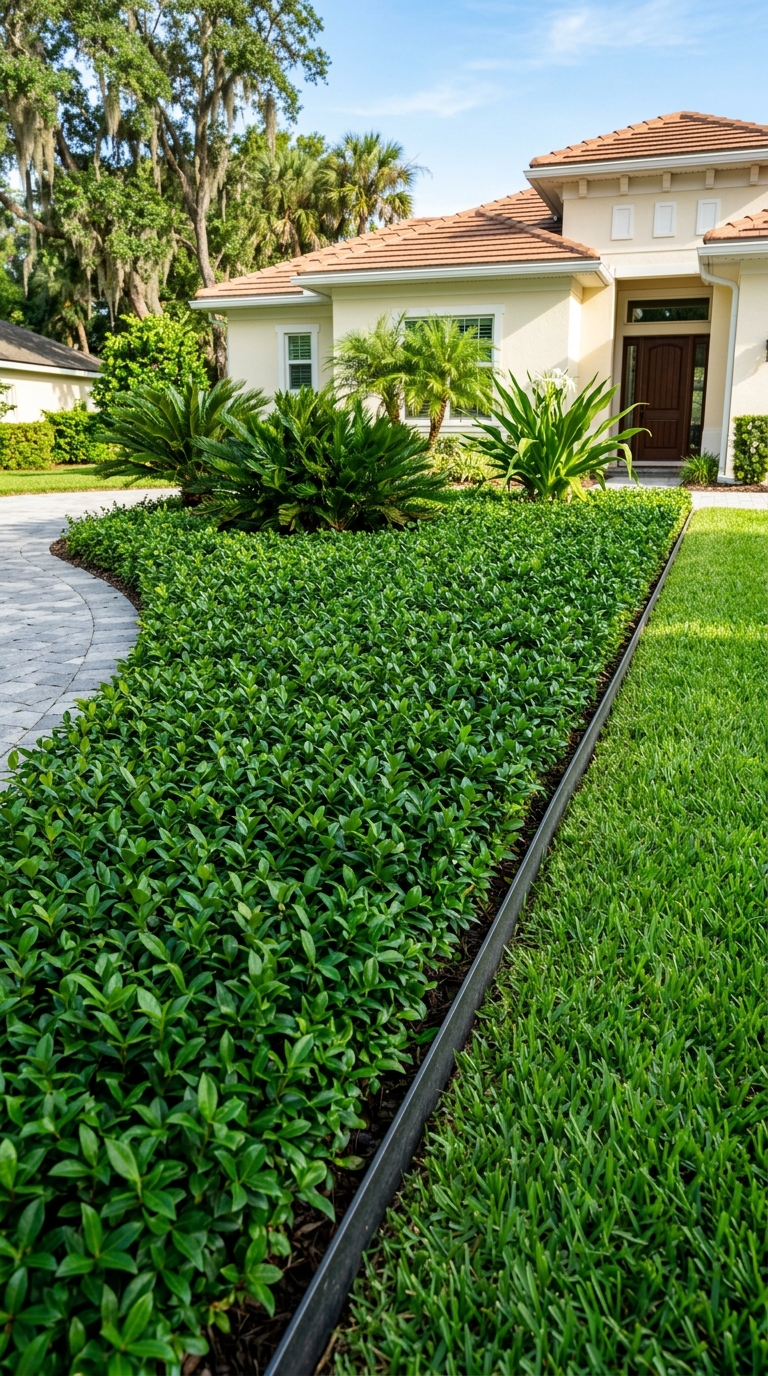 Mulch-free Florida front yard with living ground cover asian jasmine, and steel edging for low-maintenance landscaping