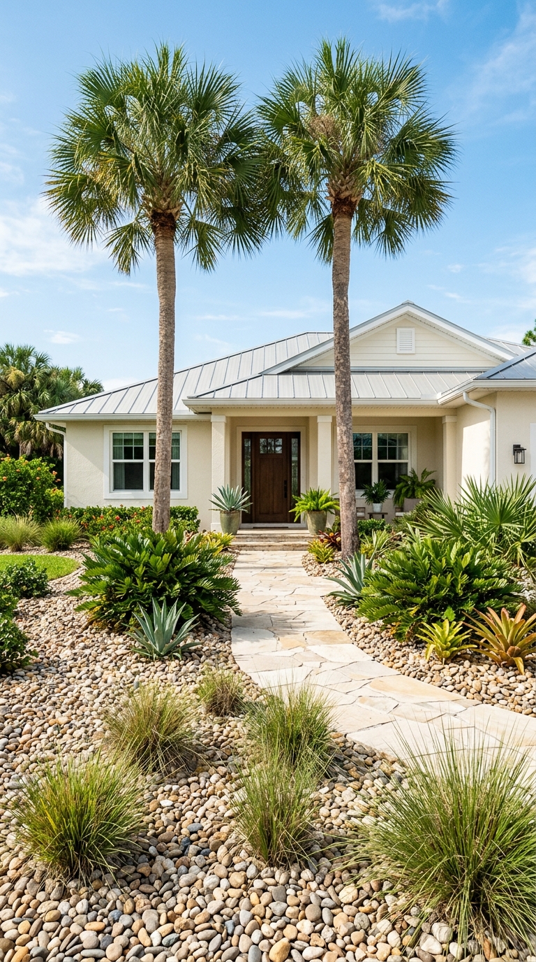Hurricane-resistant Florida front yard landscaping with low-profile native plants, ornamental grasses, and river rock