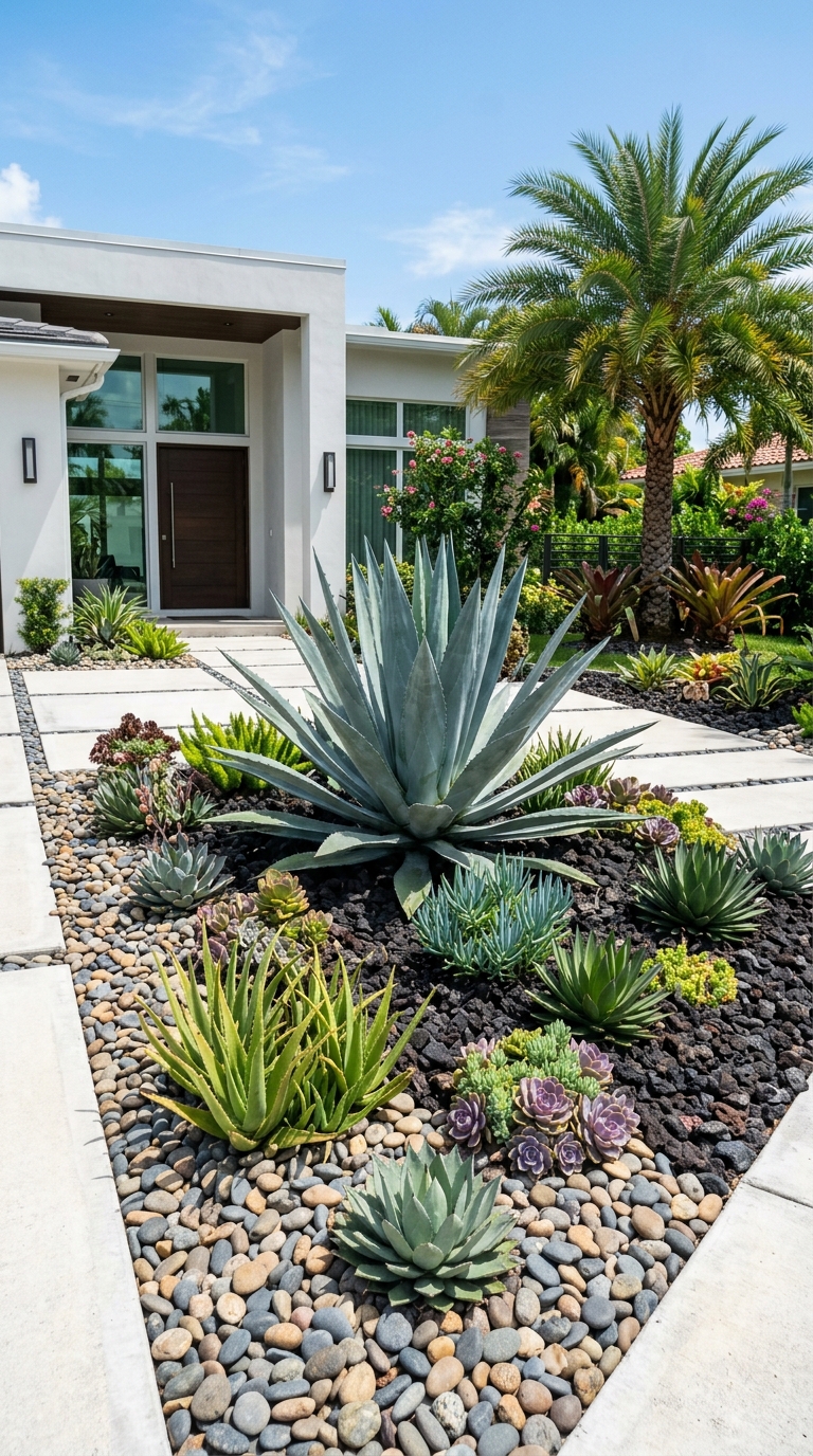 Florida front yard rock garden with blue agave succulents and aloe in lava rock and river pebble ground cover