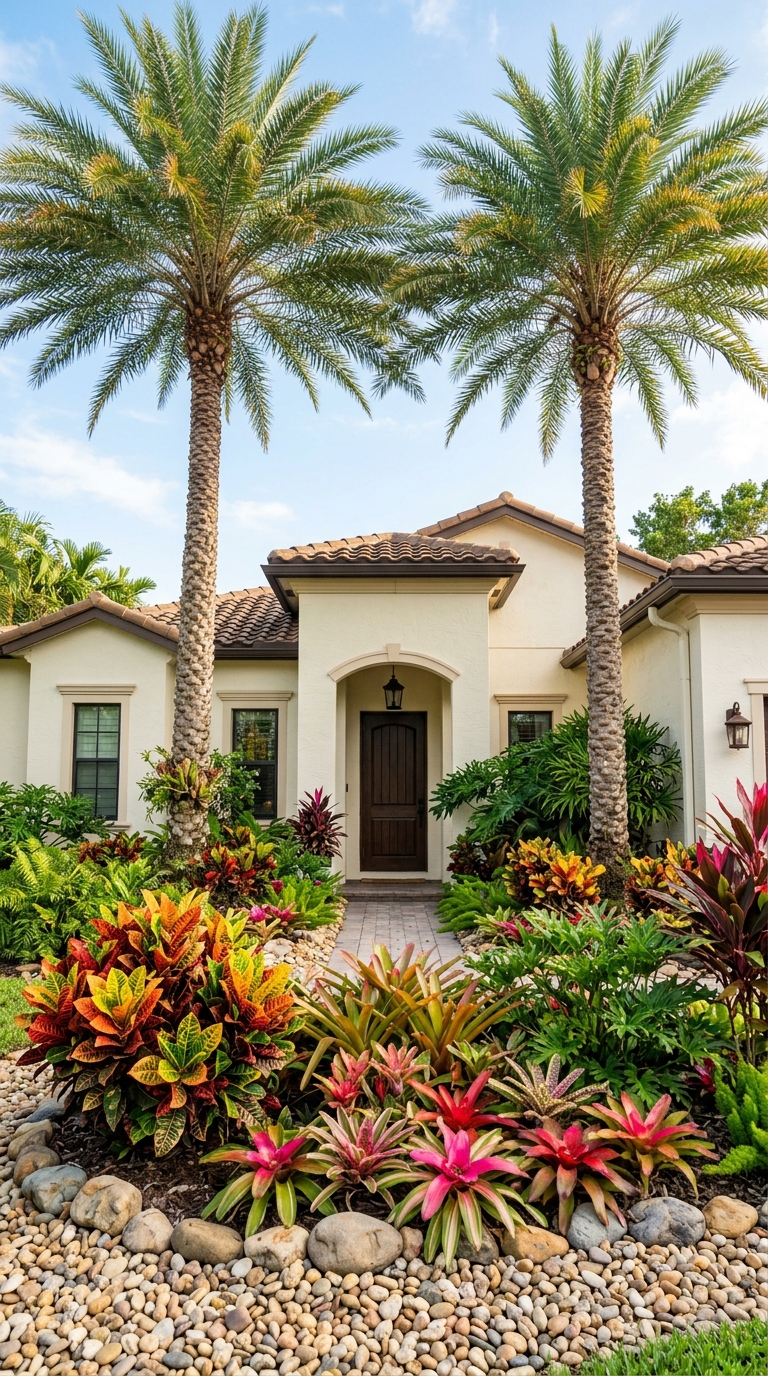 Florida front yard landscaping with palm trees and tropical understory of crotons and bromeliads