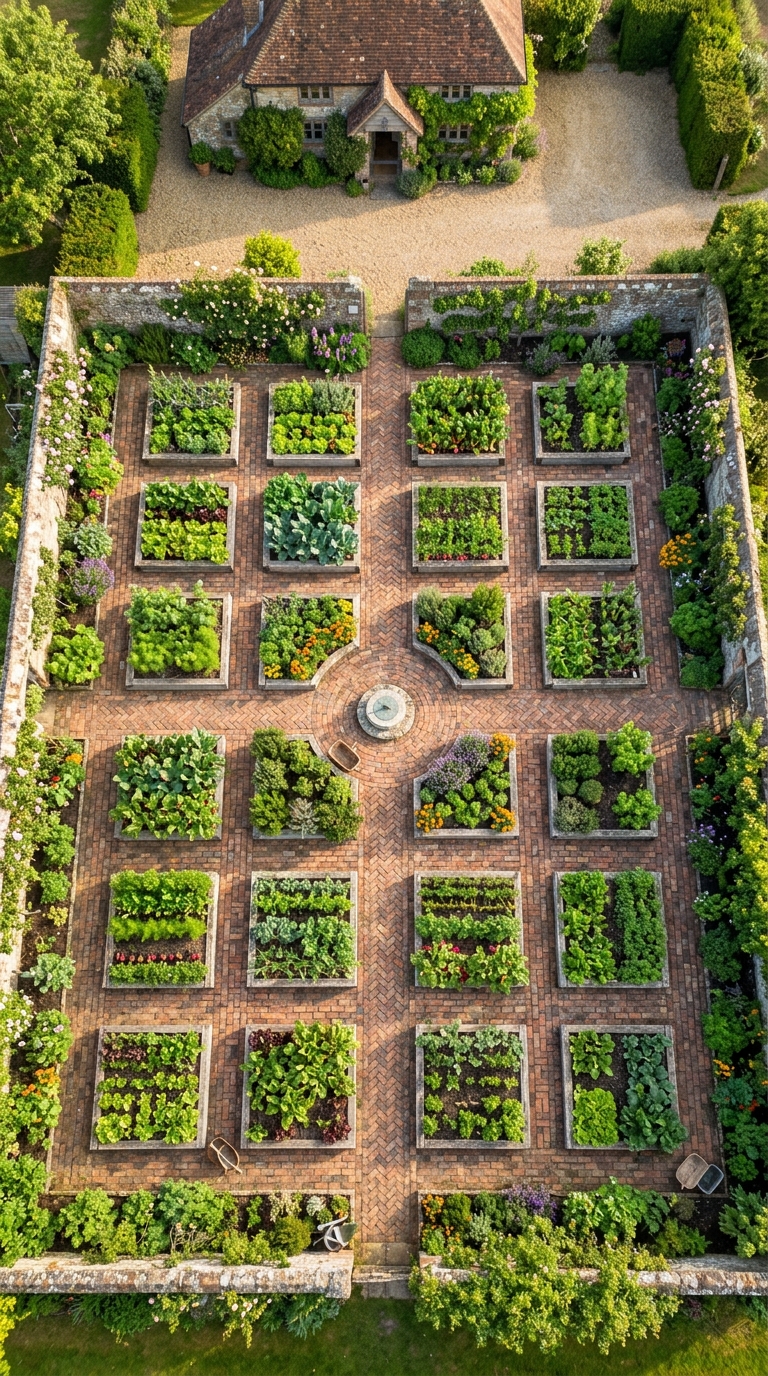 Geometric potager garden with antique brick paths and symmetrical raised beds of vegetables and herbs