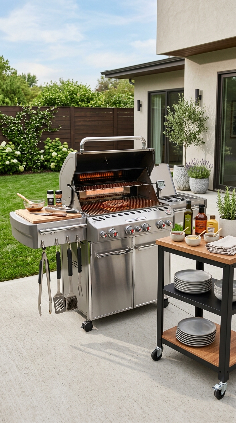 Stainless steel outdoor grill cart with side shelves and tool hooks set up on a modern concrete patio