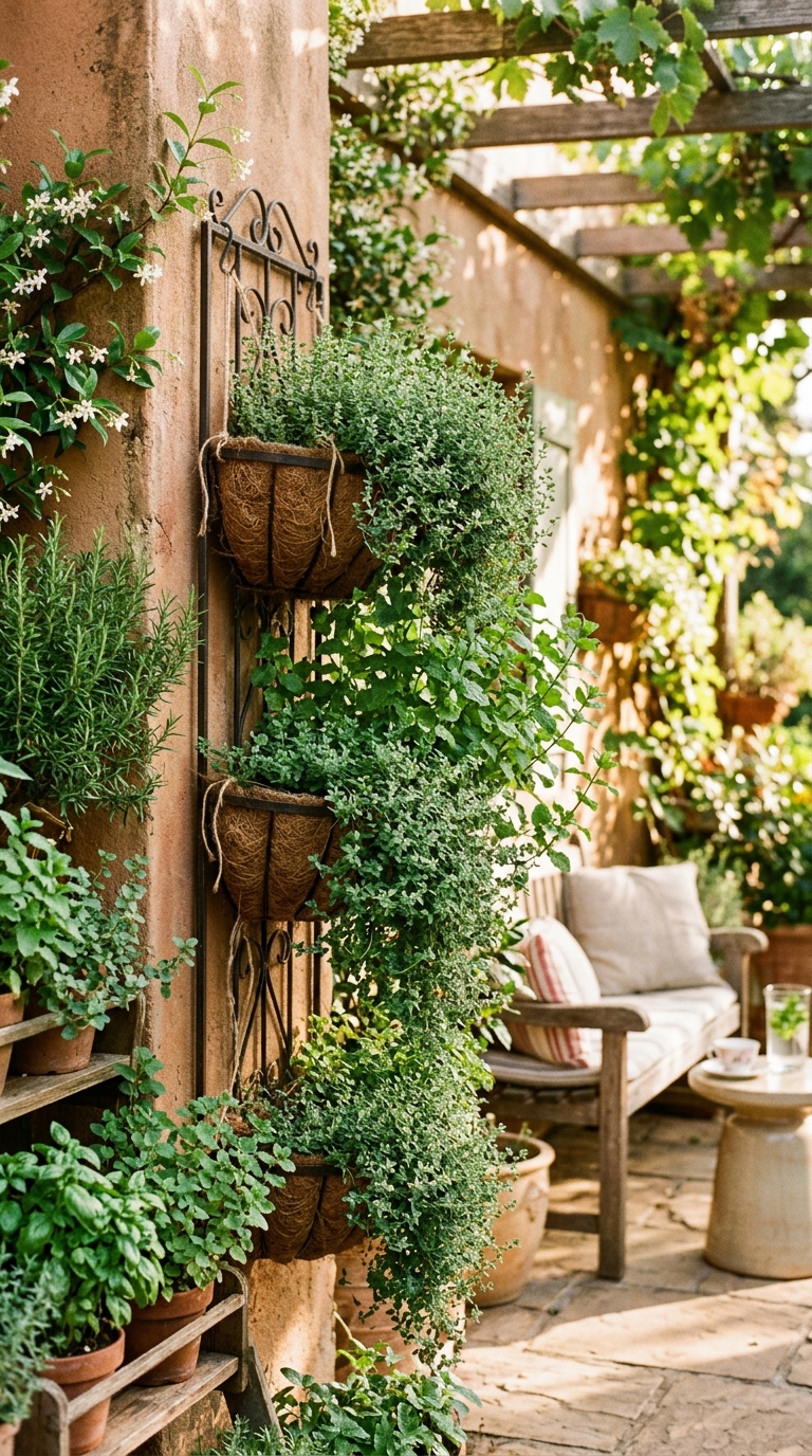 Hanging basket herb wall idea for a small potager garden
