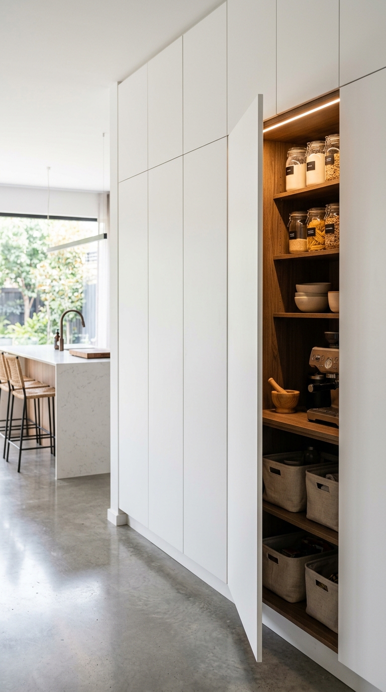 Hidden butler's pantry behind flush cabinet panels in a modern open-plan kitchen