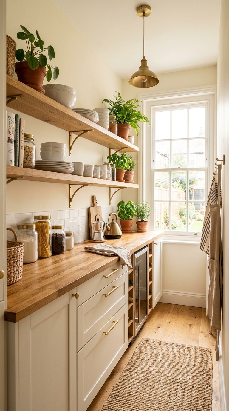 Budget-friendly IKEA cabinet butler's pantry with custom door fronts, brass hardware, and butcher block countertop