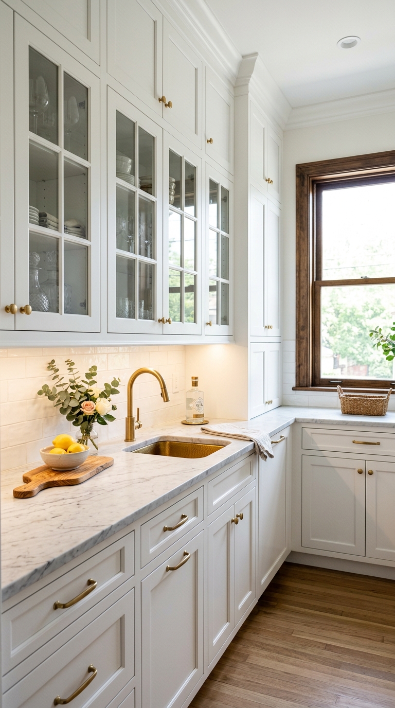Classic white shaker cabinet butler's pantry with marble countertop and brass hardware