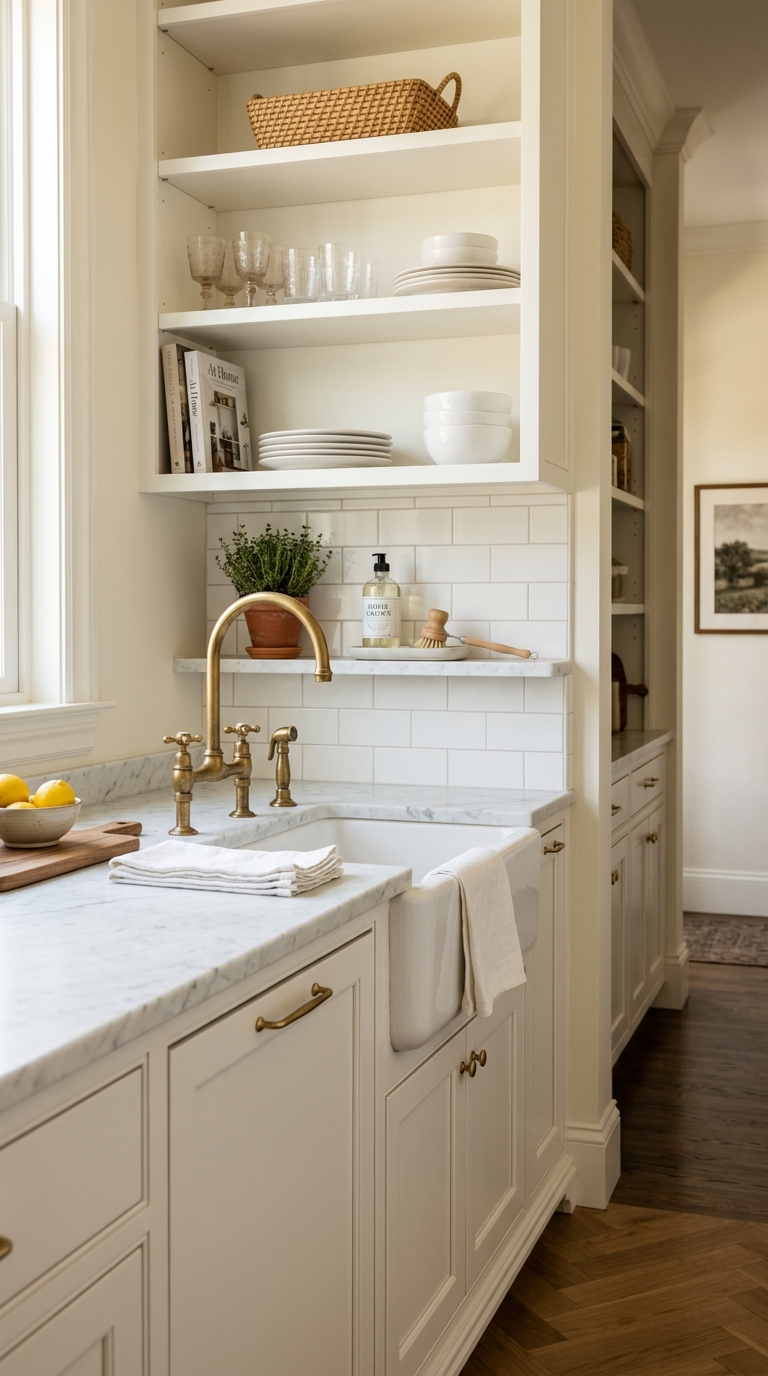 Butler's pantry with small apron-front farmhouse prep sink and brass faucet on marble countertop