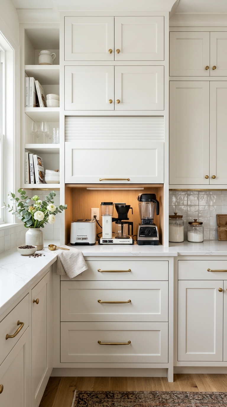 Butler's pantry with built-in appliance garage hiding toaster, blender, and coffee maker behind a roll-up cabinet door