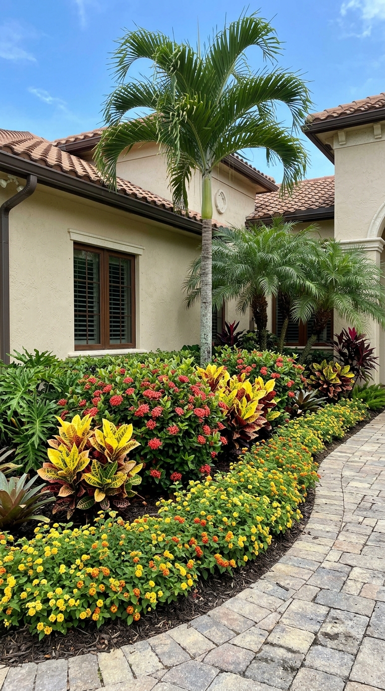 Layered tropical foundation planting along a Florida home with palms, ixora, croton, and lantana for curb appeal