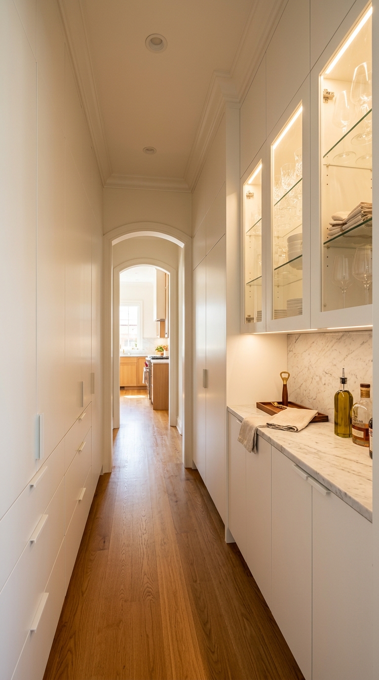 Small butler's pantry in a hallway with floor-to-ceiling white cabinets and LED interior lighting