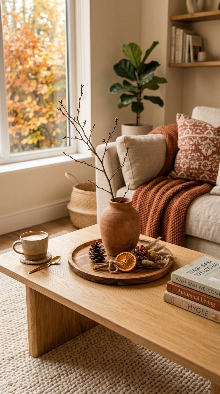 Japandi coffee table autumn seasonal styling with pine cone dried orange and clay vase warm tones